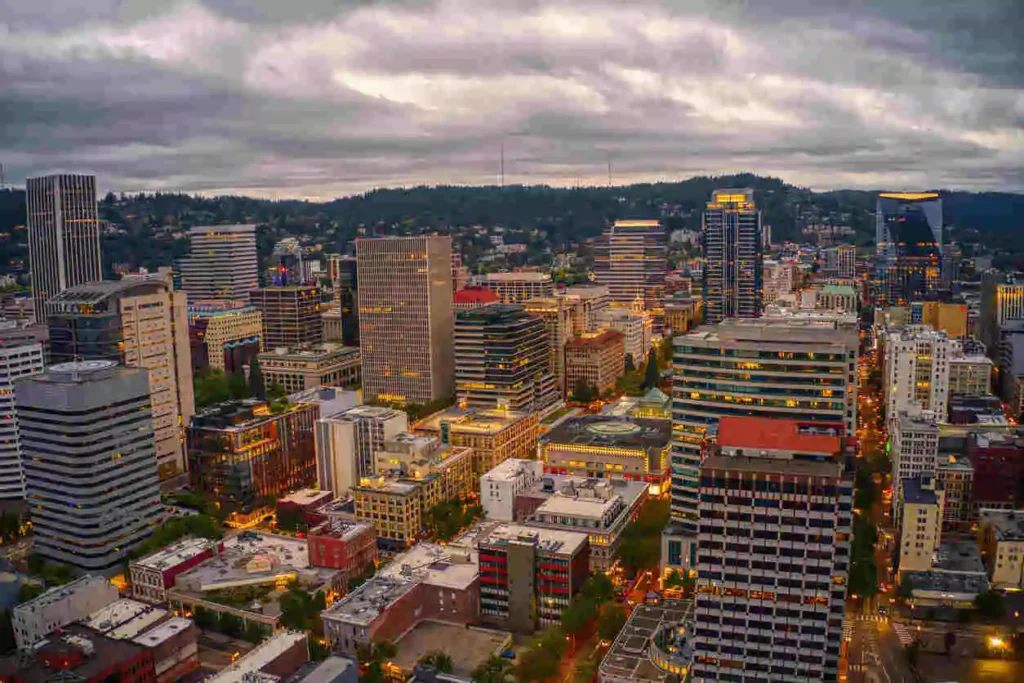 Aerial View of Portland, Oregon at Dusk on a cloudy Day